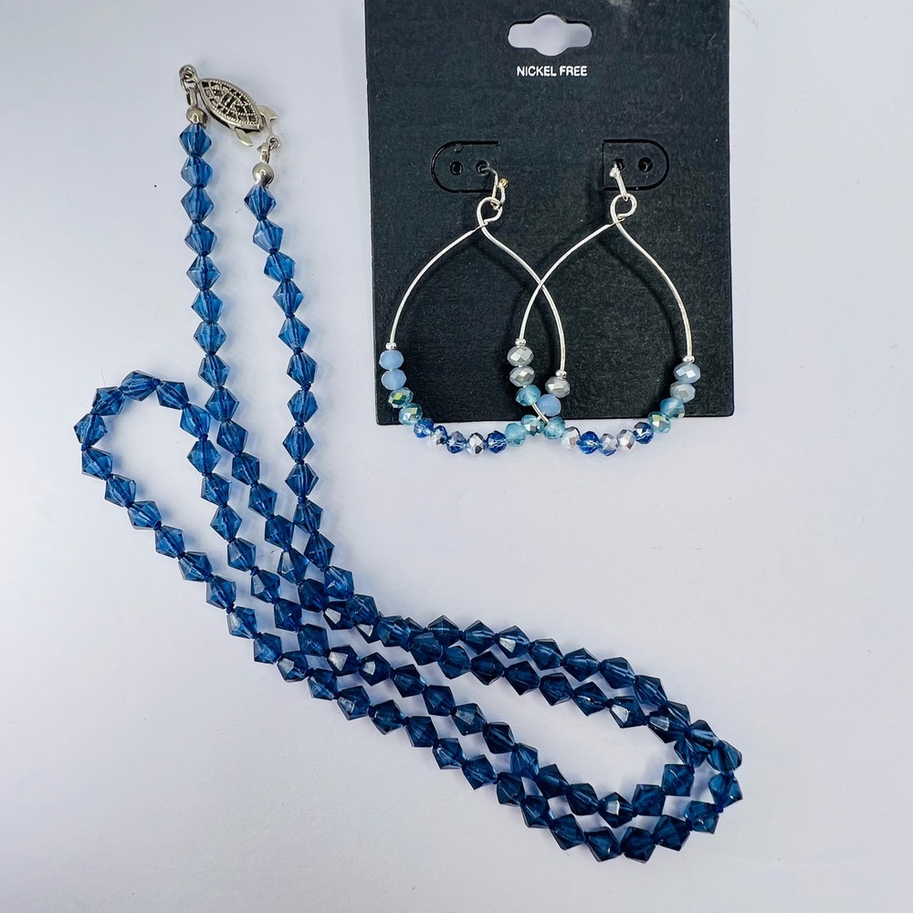 Vintage Faceted Blue Glass Bead Necklace and Handmade Earring Set Boho‎ Hippie